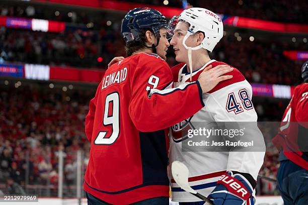 Ryan Leonard of the Washington Capitals and Lane Hutson of the Montreal Canadiens shake hands after Game Five of the First Round of the 2025 Stanley...