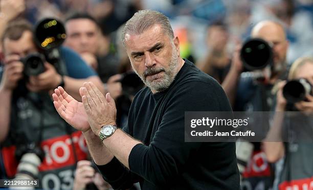 Coach of Tottenham Hotspur Ange Postecoglou during the UEFA Europa League 2024/25 Quarter Final Second Leg football match between Tottenham Hotspur...