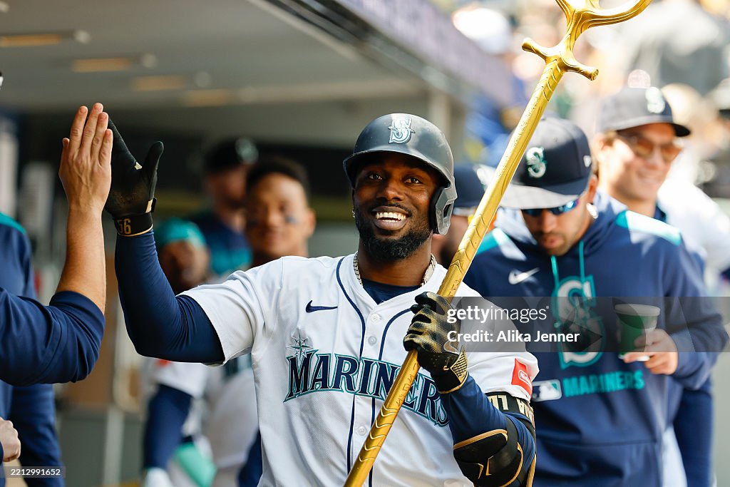Mariners Raffles Randy Arozarena of the Seattle Mariners celebrates after hitting a ...
