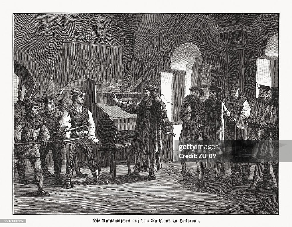 Rebellious peasants in Heilbronn, German Peasants' War, woodcut, published 1891