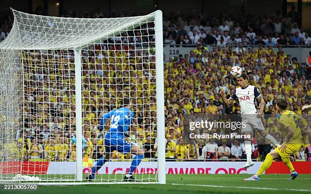 Brennan Johnson of Tottenham Hotspur scores his teams first goal during the UEFA Europa League 2024/25 Quarter Final Second Leg match between...