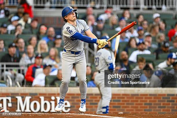 Los Angeles infielder Enrique Hernandez hits the ball deep during the MLB game between the Los Angeles Dodgers and the Atlanta Braves on May 4th,...
