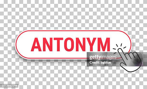 antonym - 3d click web button with hand cursor on blank background - reverse stock illustrations
