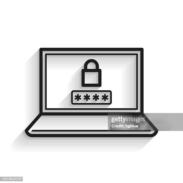 ilustrações, clipart, desenhos animados e ícones de laptop com senha. ícone de linha com sombra longa no fundo branco - open notebook white background