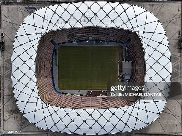 Aerial view of the Arena da Amazonia stadium in Manaus, Amazonas State, northern Brazil, taken on April 29, 2025.
