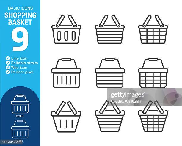 shopping basket thin line icons collection. editable stroke. vector illustration. basic icon for website design, logo, app, template, ui, infographic etc - empty cart stock illustrations