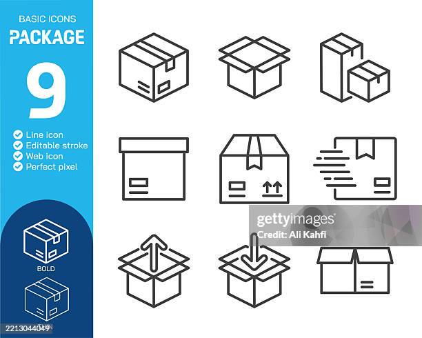 package thin line icons collection. editable stroke. vector illustration. basic icon for website design, logo, app, template, ui, infographic etc - empty box stock illustrations