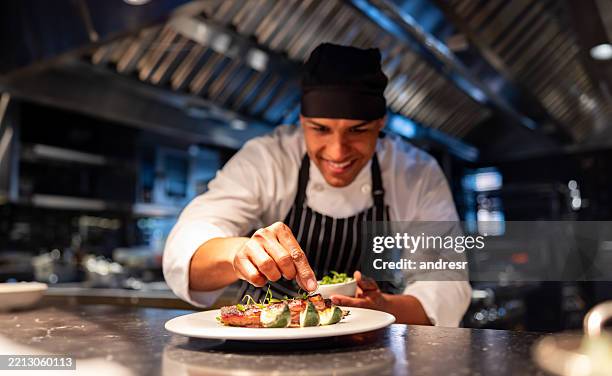 chef decorating a plate while cooking in a commercial kitchen - catering stockfoto's en -beelden
