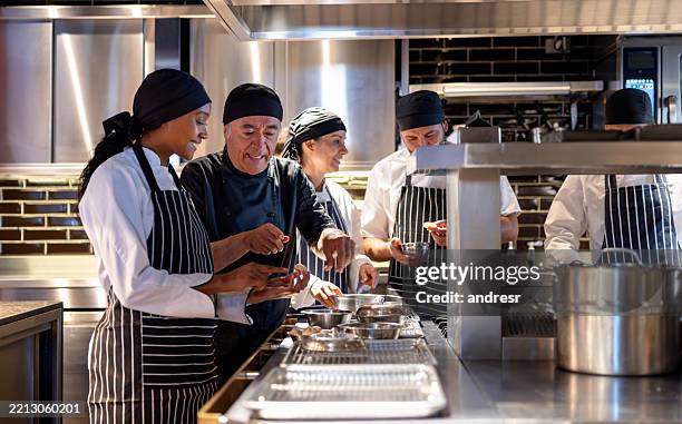 senior chef giving instructions to a cook while working at a restaurant - commercial kitchen stock pictures, royalty-free photos & images