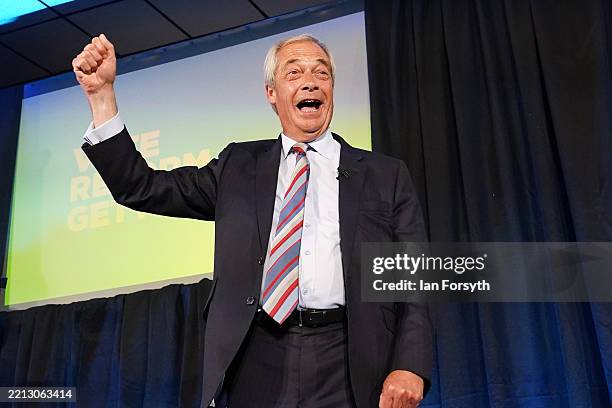 Reform UK party leader Nigel Farage is seen celebrating on stage while addressing supporters after Reform UK took control of Durham County Council...