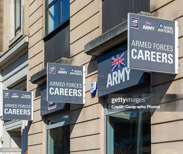 Armed Forces military recruitment office signs, Colston Avenue, city center of Bristol, England, UK.