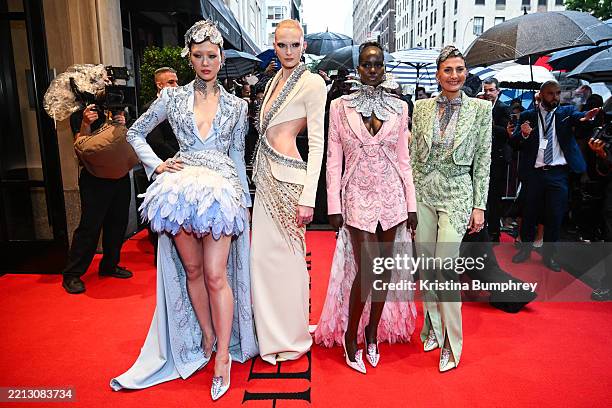 Soo Joo Park, Alex Consani, Adut Akech, Giovanna Battaglia Engelbert at The Mark Hotel before the 2025 Met Gala: "Superfine: Tailoring Black Style"...