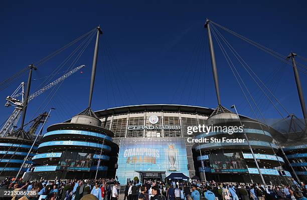 General view outside the stadium prior to the Premier League match between Manchester City FC and Wolverhampton Wanderers FC at Etihad Stadium on May...