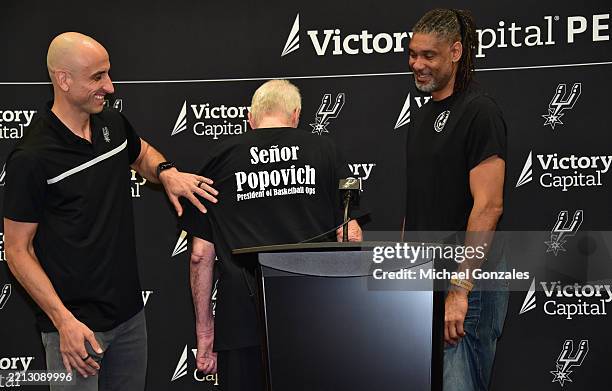San Antonio TX, Manu Ginobili, Tim Duncan and Greg Popovich during the press conference on May 5 2025 at Victory Capital Center in San Antonio Texas....
