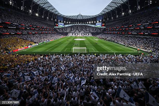 Tottenham supporter unveil a TIFO display prior to kick off the UEFA Europa League 2024/25 Quarter Final Second Leg match between Tottenham Hotspur...