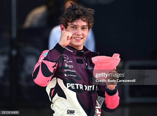 Sprint Pole qualifier Andrea Kimi Antonelli of Italy and Mercedes AMG Petronas F1 Team celebrates in parc ferme during Sprint qualifying ahead of the...