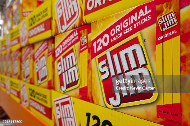 Boxes of Slim Jim Smoked Snack Stick are stacked at a Costco Wholesale store on April 27, 2025 in San Diego, California.