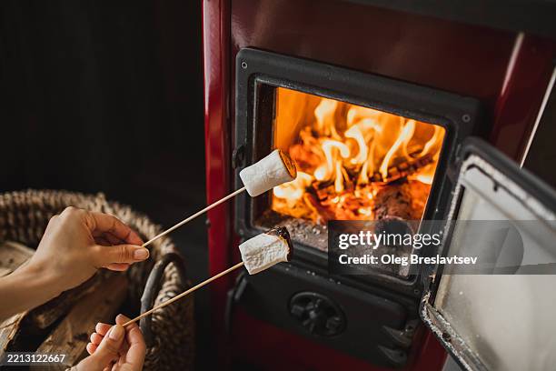 female hands holding marshmallows on wooden sticks near fireplace - open fire stock pictures, royalty-free photos & images