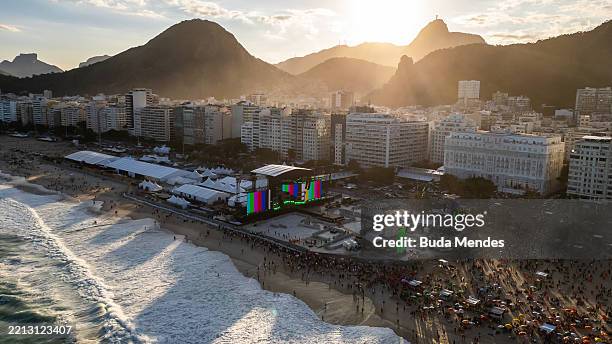 Aerial view of the construction process of the stage where American singer Lady Gaga will perform on a massive free show on May 3rd at Copacabana...