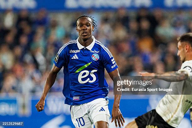 Emmanuel Emegha of Strasbourg in action during the France Ligue 1 match between RC Strasbourg Alsace and OGC Nice at Stade de la Meinau on April 12,...