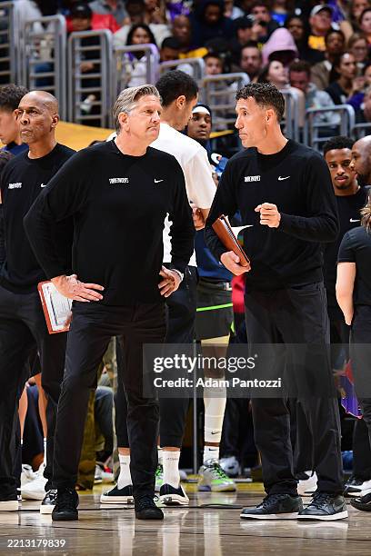 Assistant Coach Pablo Prigioni and Head Coach Chris Finch of the Minnesota Timberwolves look on during the game against the Los Angeles Lakers during...