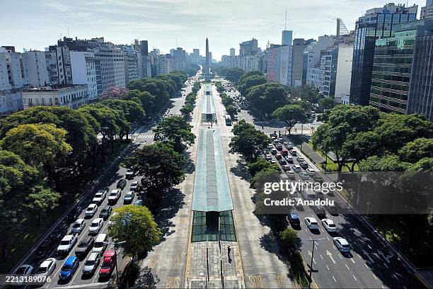 An aerial view of nearly empty bus lane on Avenida 9 de Julio during a nationwide bus strike in Buenos Aires, Argentina, on May 6, 2025. The strike,...