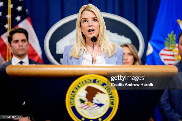 Attorney General Pam Bondi speaks during a news conference at the Department of Justice on May 6, 2025 in Washington, DC. The Justice Department...