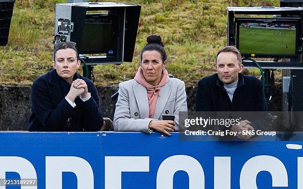Sports Scotland Pundit Leanne Crichton and Presenter Jonathan Sutherland during a William Hill Premiership Play-Off Quarter Final first leg match...