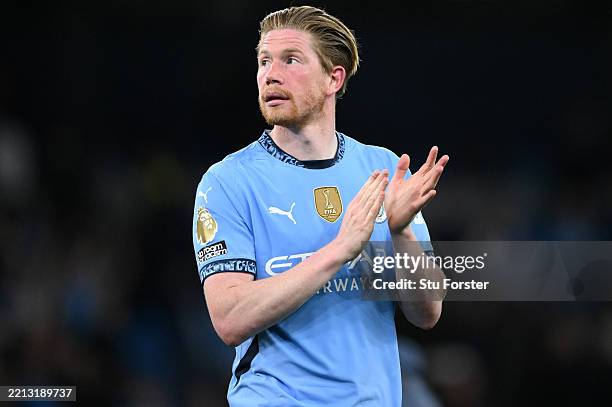 Manchester City captain Kevin De Bruyne applauds the crowd after the Premier League match between Manchester City FC and Wolverhampton Wanderers FC...