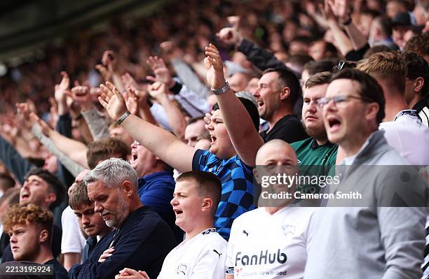 Fans of Derby County show their support during the Sky Bet Championship match between Derby County FC and Stoke City FC at Pride Park on May 03, 2025...