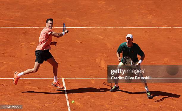Marcel Granollers of Spain and Horacio Zeballos of Argentina in action against Marcelo Arevalo of Salvador and Mate Pavic of Croatia in the Men's...