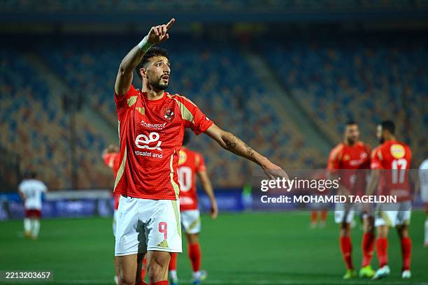 Wessam Abou Ali celebrates after scoring the 3rd goal in the match between Al Ahly FC vs Petrojet FC in the 4th round of the final stage of the...