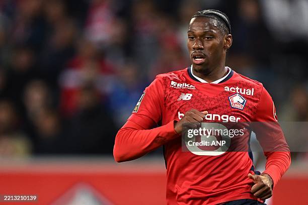 Jonathan David of Lille OSC during the French Ligue 1 match between Lille OSC and Olympique Lyonnais at Pierre-Mauroy Stadium on May 4, 2025 in...