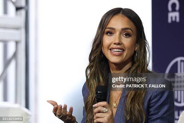 Jessica Alba, actress and founder of The Honest Company, speaks during the Milken Institute Global Conference in Beverly Hills, California on May 6,...