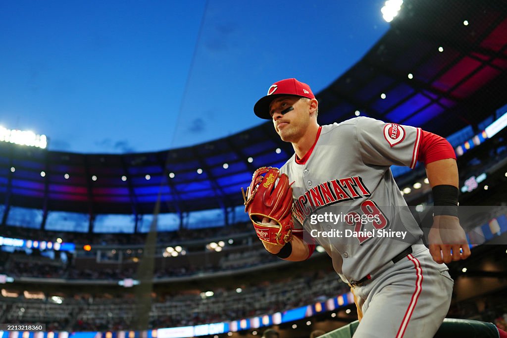Brave Reds Racetrack Game TJ Friedl of the Cincinnati Reds looks on during the game between the ...