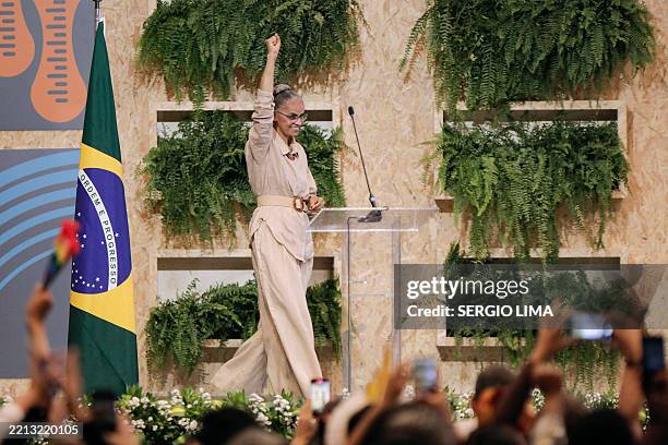 Brazil's Minister of the Environment and Climate Change, Marina Silva, gestures during the opening ceremony of the 5th National Environment...