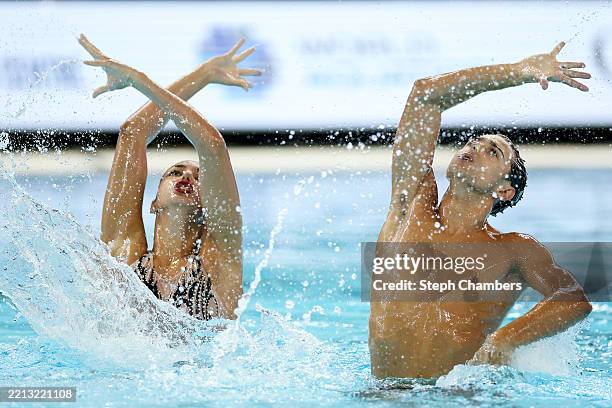 Jordi Caceres Iglesias and Aurora Lazaro Cabaleiro of Team Spain compete in the mixed duet free final during World Aquatics Artistic Swimming World...