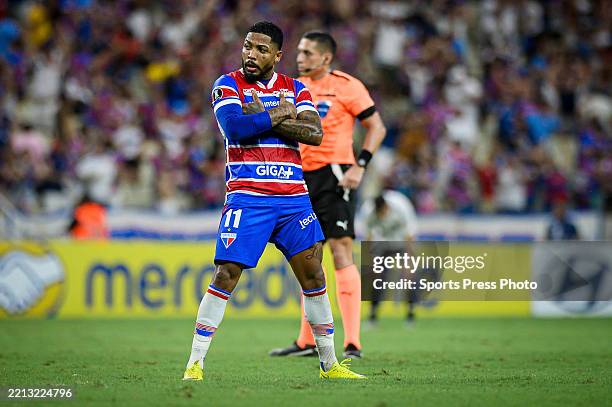 Marinho of Fortaleza celebrates after scoring the team's second goal during a Copa CONMEBOL Libertadores match between Fortaleza and Colo Colo at...