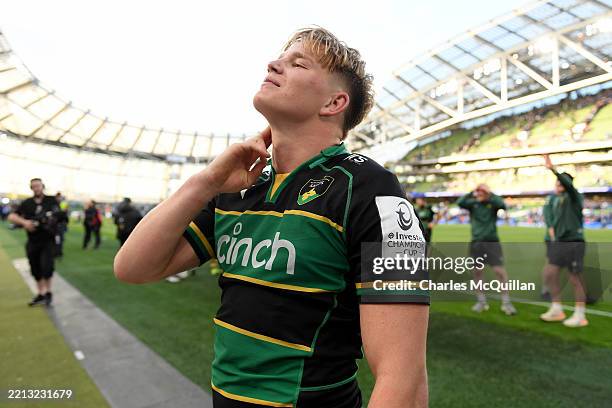 Henry Pollock of Northampton Saints does his celebration in front of the Northampton Saints fans after defeating Leinster to progress through to the...