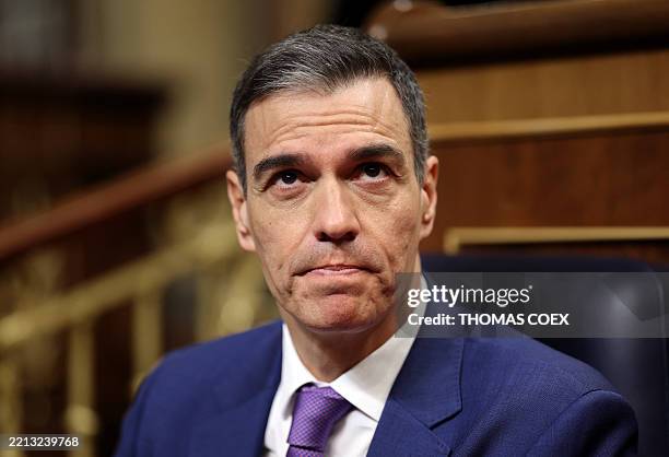 Spanish Prime Minister Pedro Sanchez attends a plenary session to discuss, among other things, the April 28 nationwide power outage, which also...