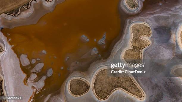 the shapes formed in the salt lake filled with lagoon structures in central anatolia in ankara were viewed from the air with a drone. - minimal art stockfoto's en -beelden