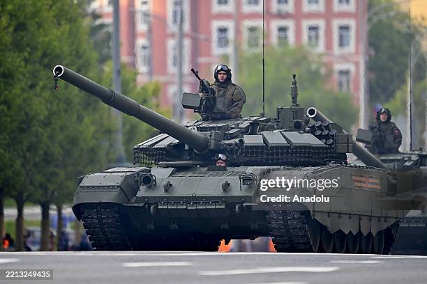 Russian military vehicles are on their way to Red Square during the general rehearsal of Victory Day military parade marking the 80th anniversary of...