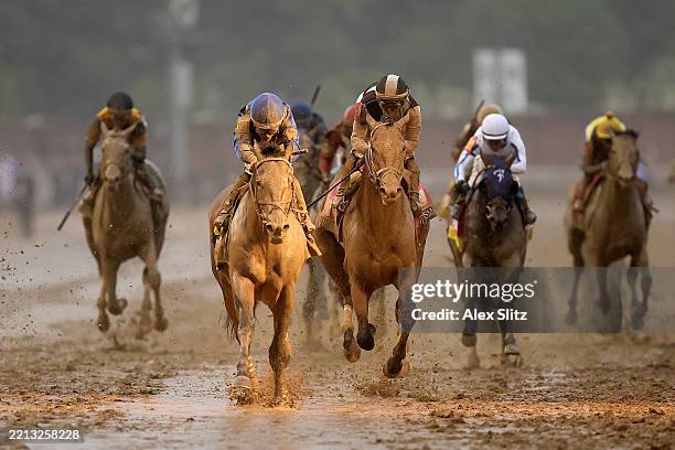 Sovereignty, ridden by jockey Junior Alvarado crosses the finish line to win the 151st running of the Kentucky Derby at Churchill Downs on May 03,...