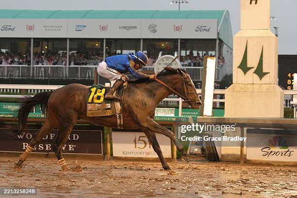 Sovereignty, ridden by jockey Junior Alvarado crosses the finish line to win the 151st running of the Kentucky Derby at Churchill Downs on May 03,...