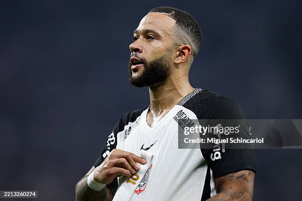 Memphis Depay of Corinthians celebrates his goal that was later disallowed by VAR during a match between Corinthians and Internacional as part of...