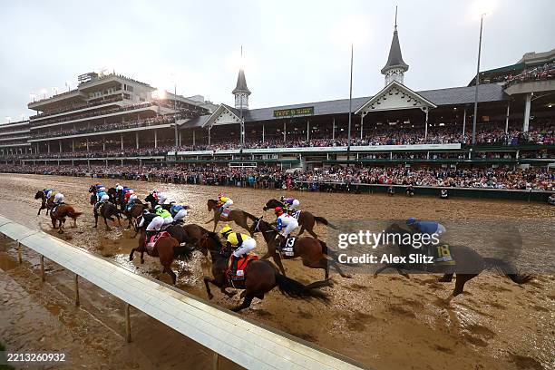 Sovereignty, ridden by jockey Junior Alvarado and the field head towards the first turn during the 151st running of the Kentucky Derby at Churchill...