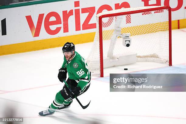 Mikko Rantanen of the Dallas Stars celebrates after scoring an empty-net hat-trick goal against the Colorado Avalanche during the third period in...