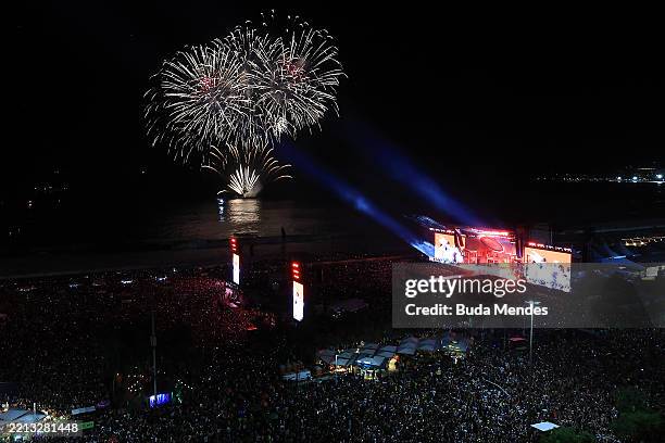 Fireworks show after Lady Gaga's massive free concert at Copacabana Beach on May 03, 2025 in Rio de Janeiro, Brazil.
