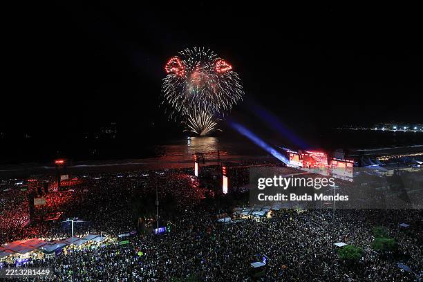 Fireworks show after Lady Gaga's massive free concert at Copacabana Beach on May 03, 2025 in Rio de Janeiro, Brazil.