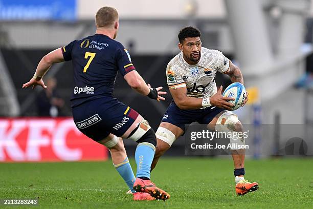 Ardie Savea of Moana Pasifika charges forward during the round 12 Super Rugby Pacific match between Highlanders and Moana Pasifika at Forsyth Barr...